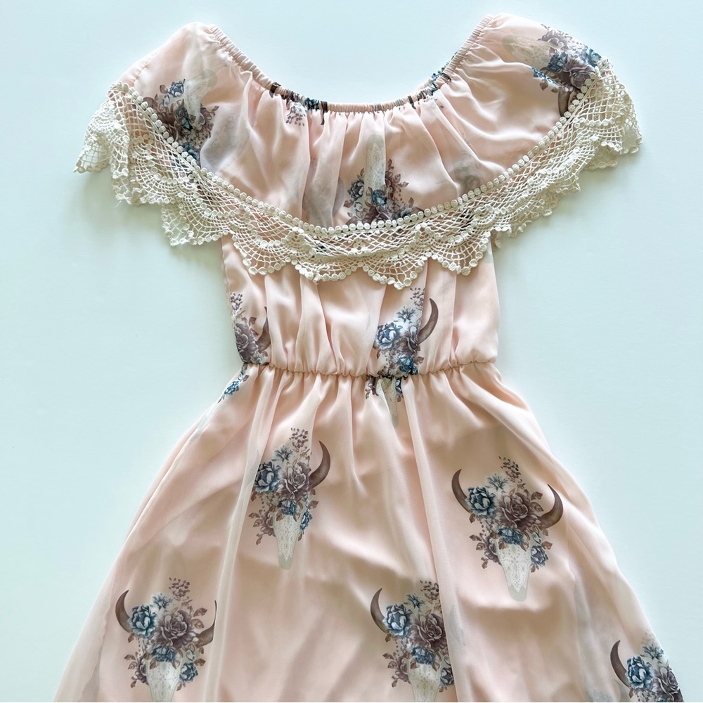 Charlotte Russe Pink Floral Longhorn Skull Midi Dress, Small - Picture 2 of 10